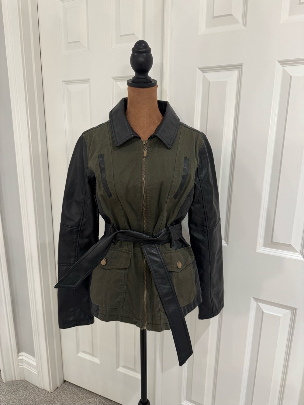 Women’s Olive Green & Black Belted Moto Faux leather Jacket